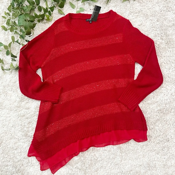 Signature Studio NWT Women Sweater Red Sparkle Asymmetrical Hem 2X - Picture 1 of 13
